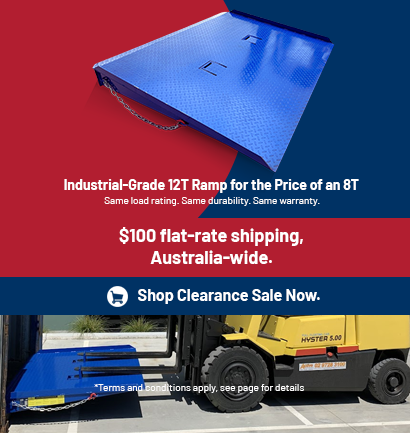 Blue industrial-grade ramp with promotional text on a red and blue background