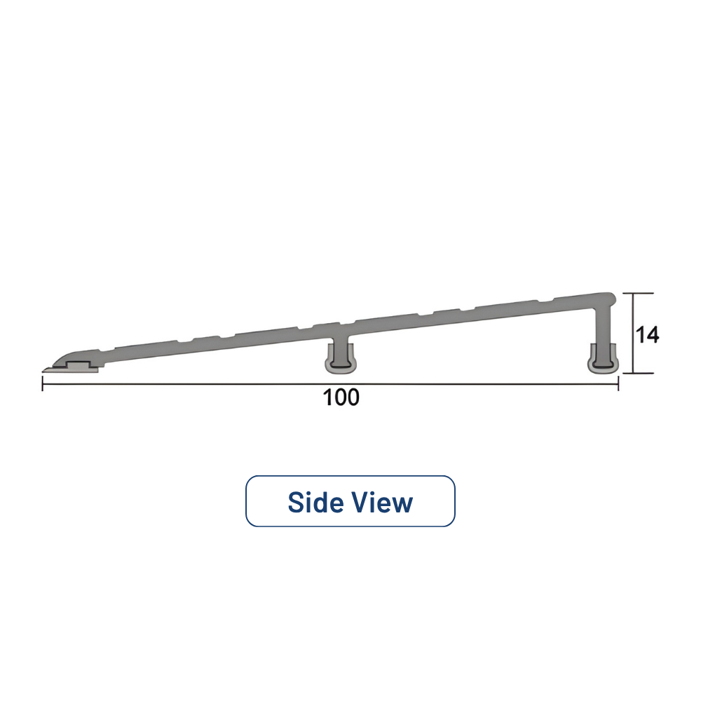 Side view diagram of a 100mm wide, 14mm high aluminium threshold plate with support feet and a sloped ramp profile.