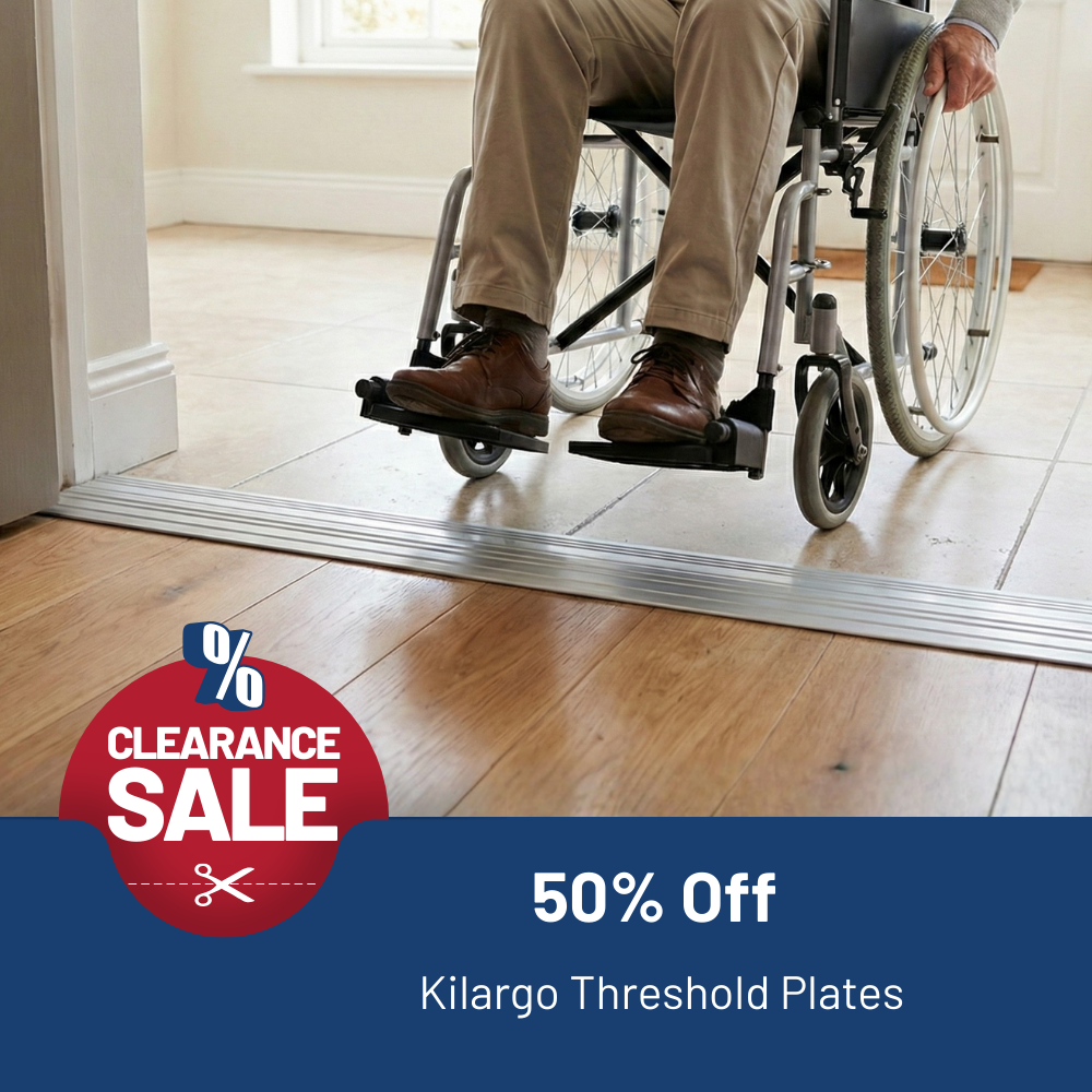 Person using a wheelchair on a threshold with a clearance sale advertisement for Kilargo Threshold Plates.