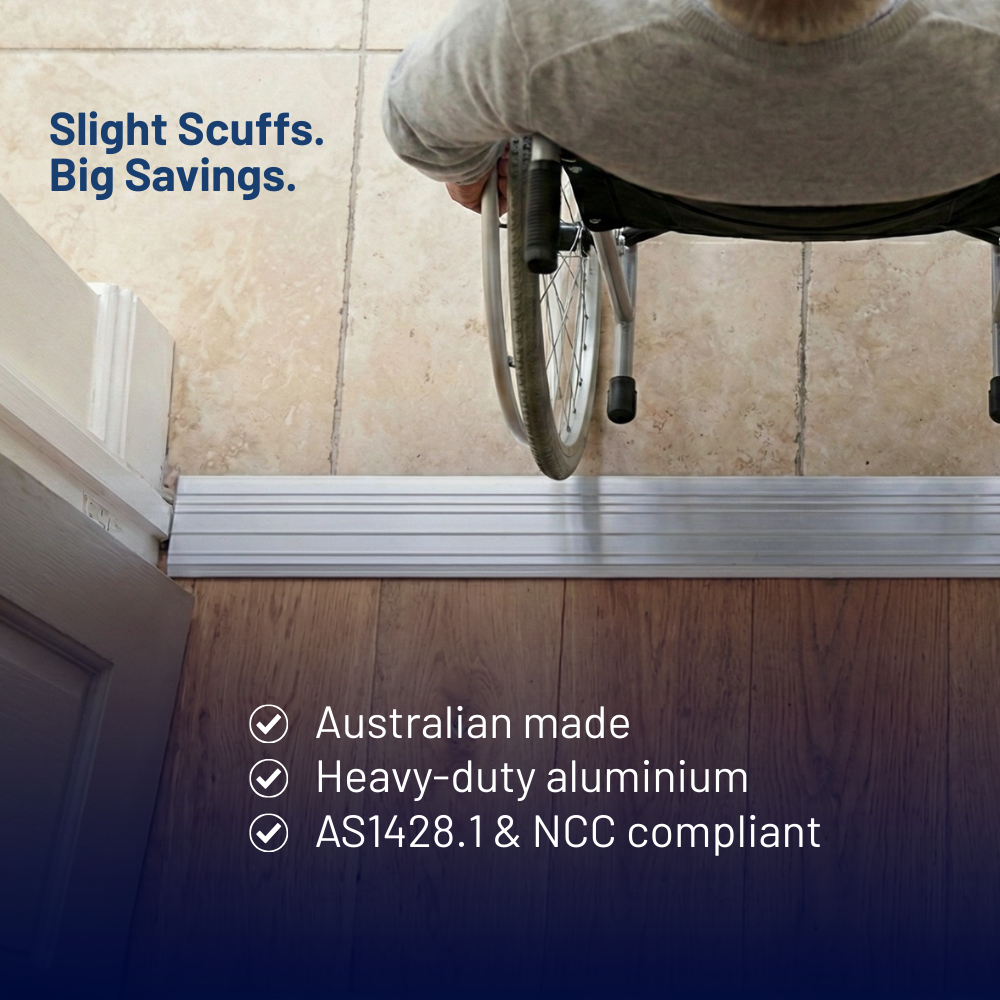 Person in a wheelchair using a metal threshold ramp with text about product features.