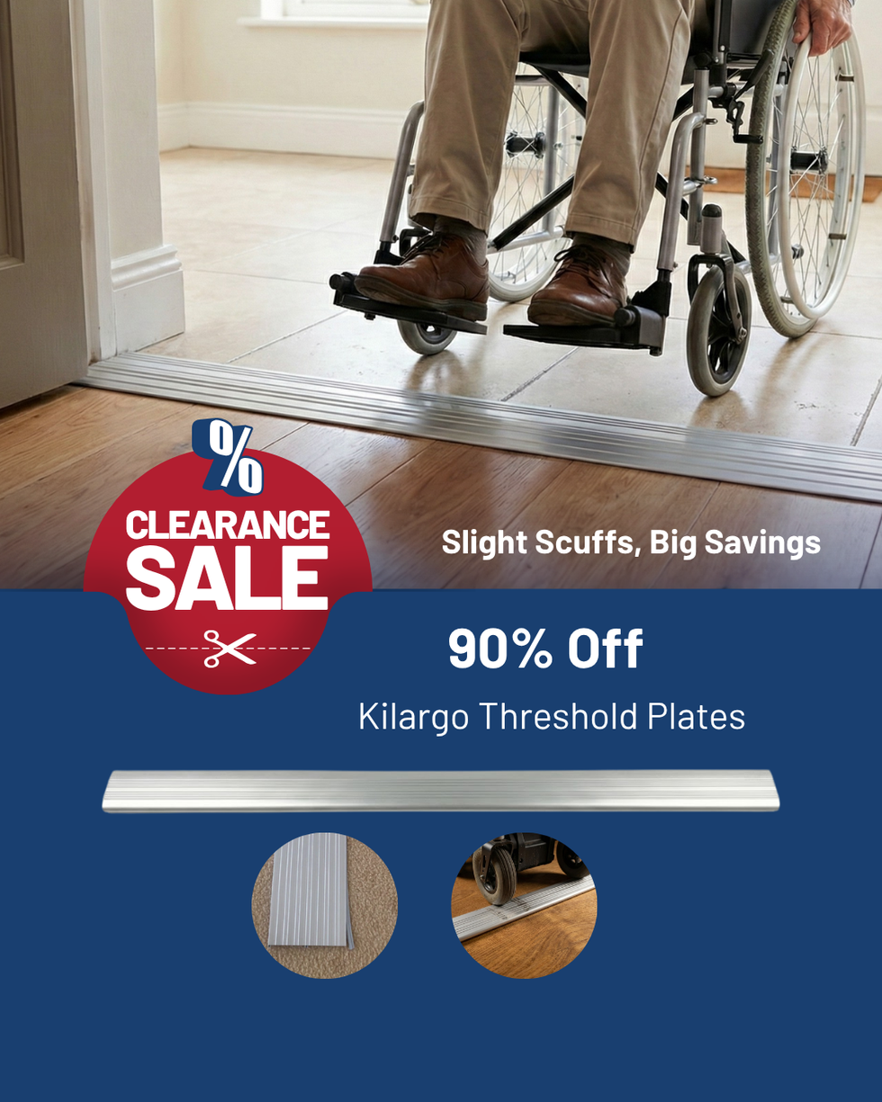 Person using a wheelchair approaching a threshold with a clearance sale advertisement for Kilargo Threshold Plates.