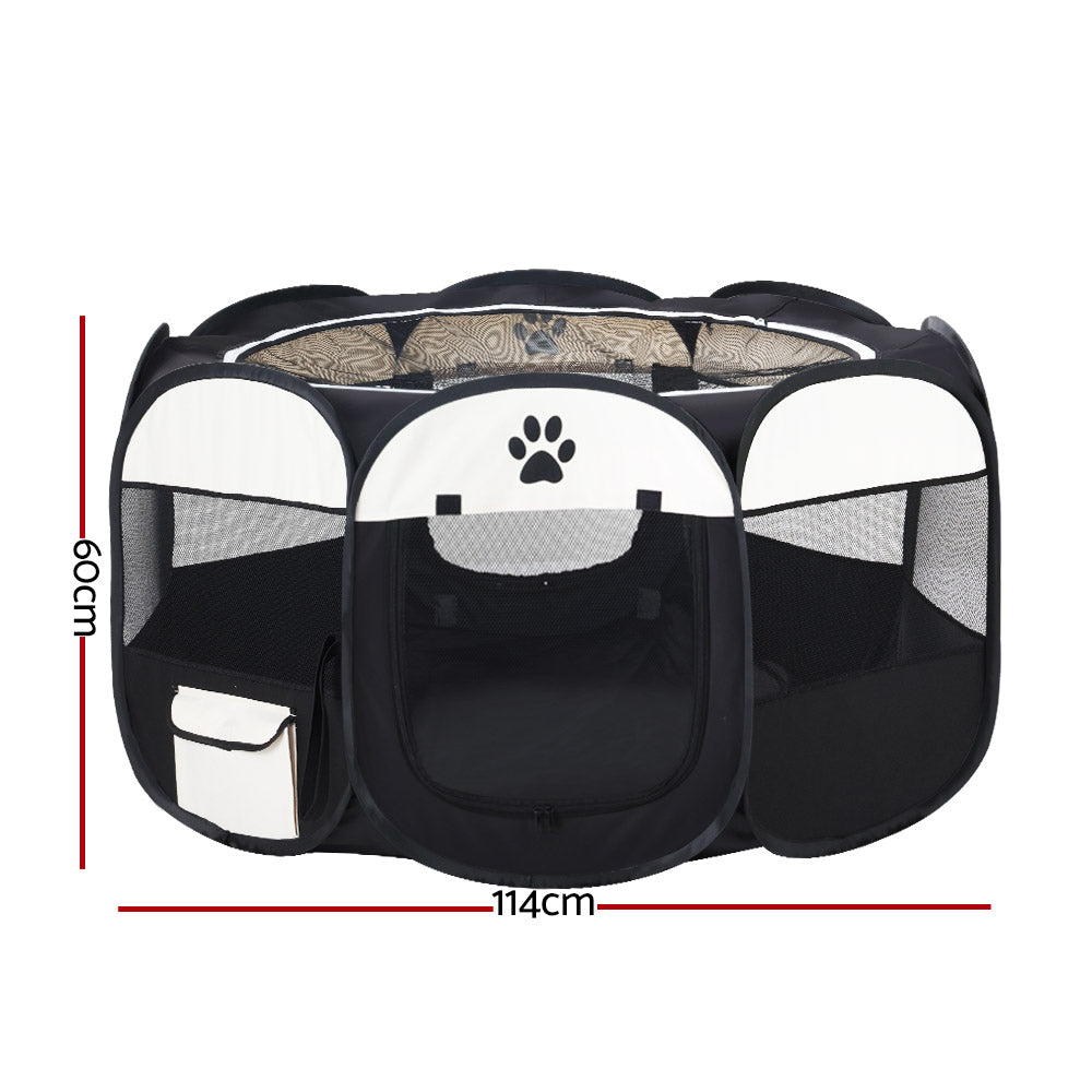 Side profile of the black and white pet playpen showing mesh panels and storage pocket.