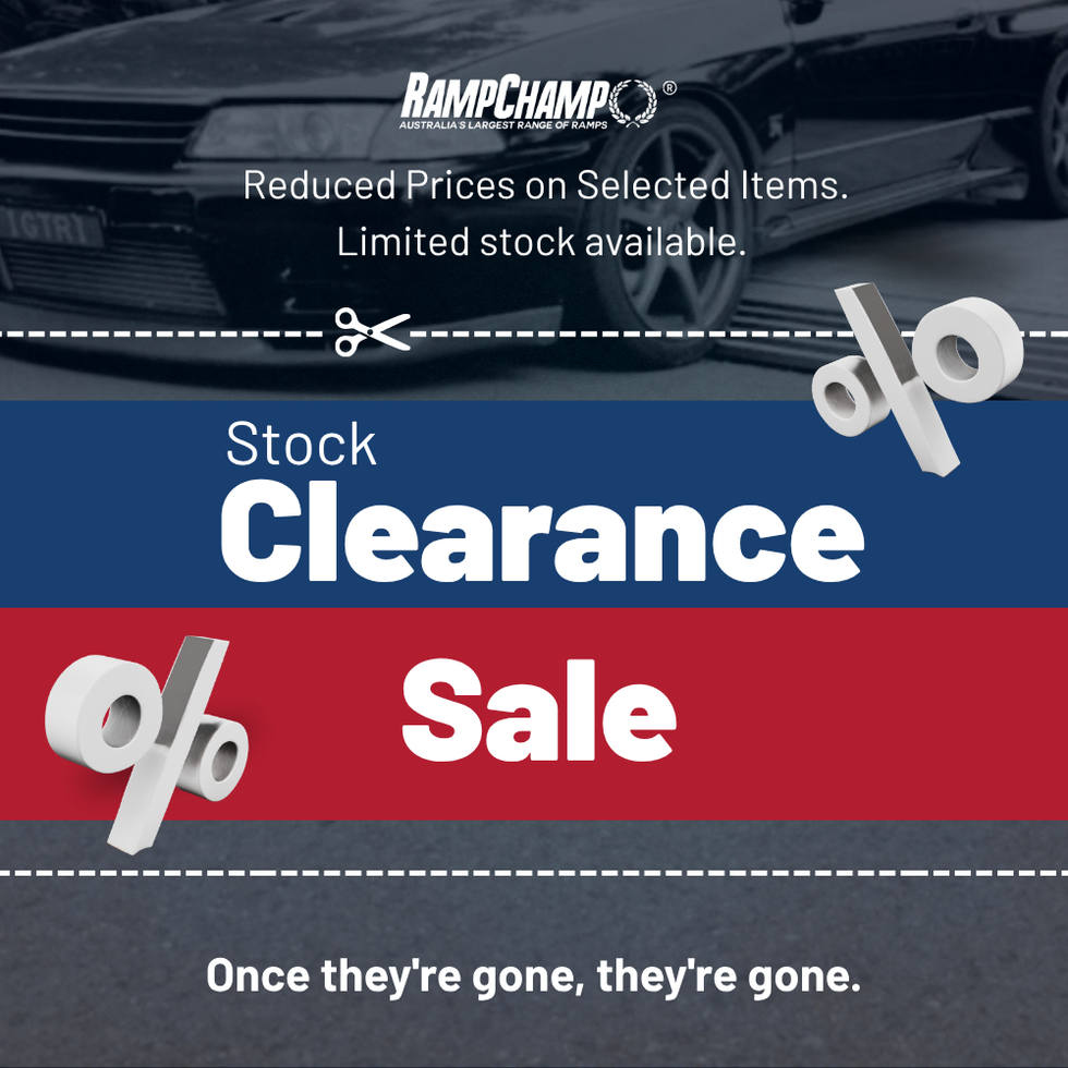 "Stock Clearance Sale" banner by Ramp Champ with blue and red blocks, percentage symbols, and a coupon cut line.