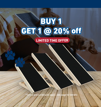 Wooden pet ramp with promotional text overlay on a wooden floor.
