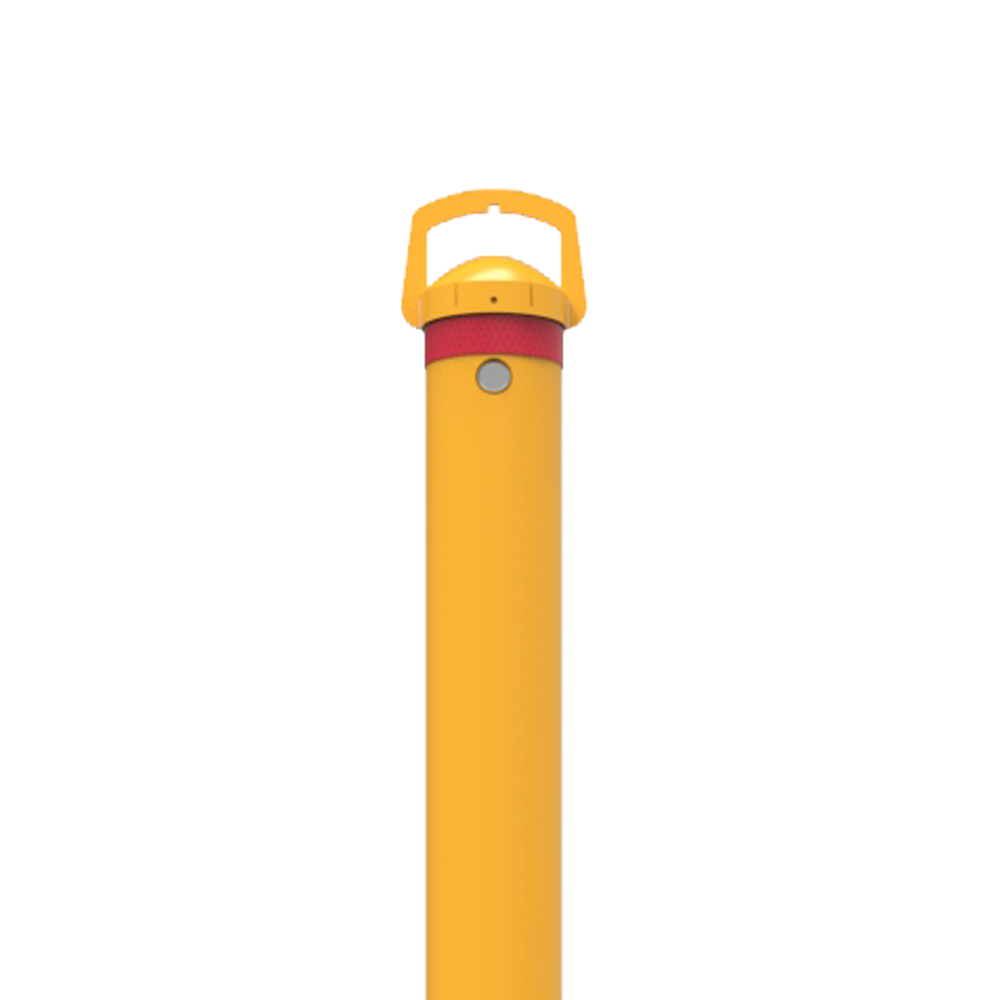 Close-up view of the top section of a yellow bollard with a handle, set against a blue and grey city backdrop.