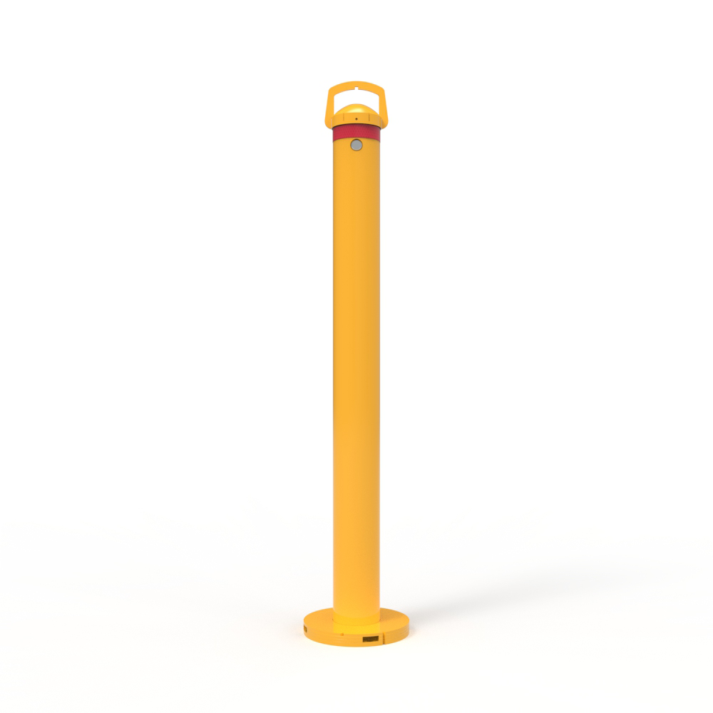 Yellow removable surface mount bollard standing upright against a white background, featuring a handle and circular base.