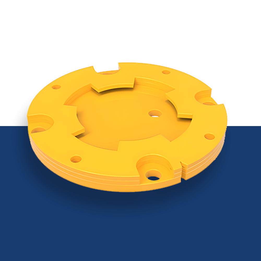 "Close-up image of a yellow circular surface mount base for a removable bollard, featuring multiple holes for secure installation."