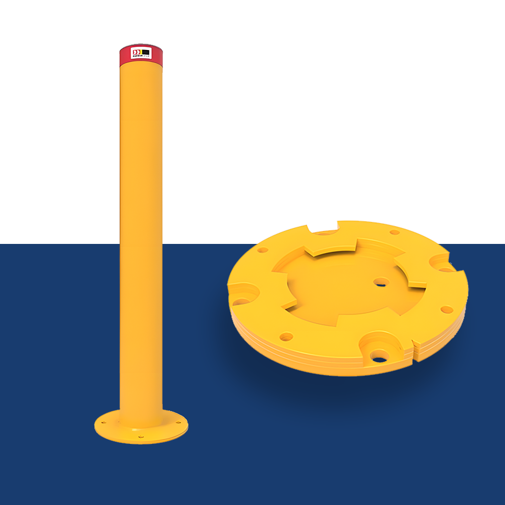 bollard and Close-up image of a yellow circular surface mount base for a removable bollard, featuring multiple holes for secure installation.