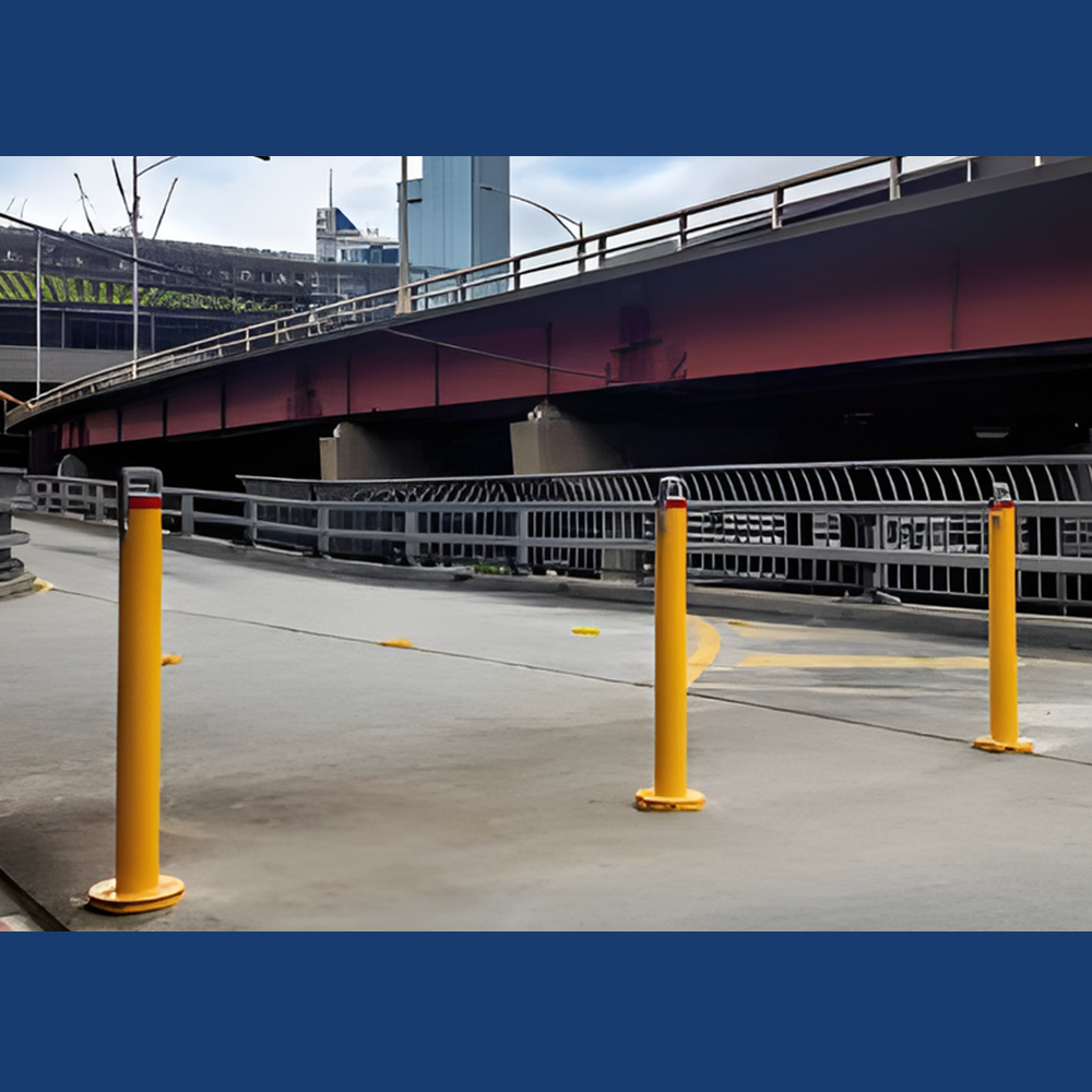 Images of a yellow removable bollard in a car park and warehouse, and its circular surface mount base, showcasing installation options