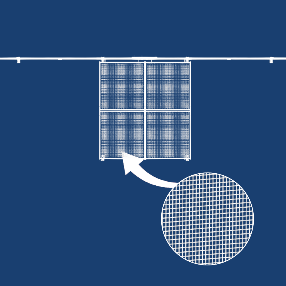 Mesh gate diagram with an inset circle magnifying the wire mesh spacing.