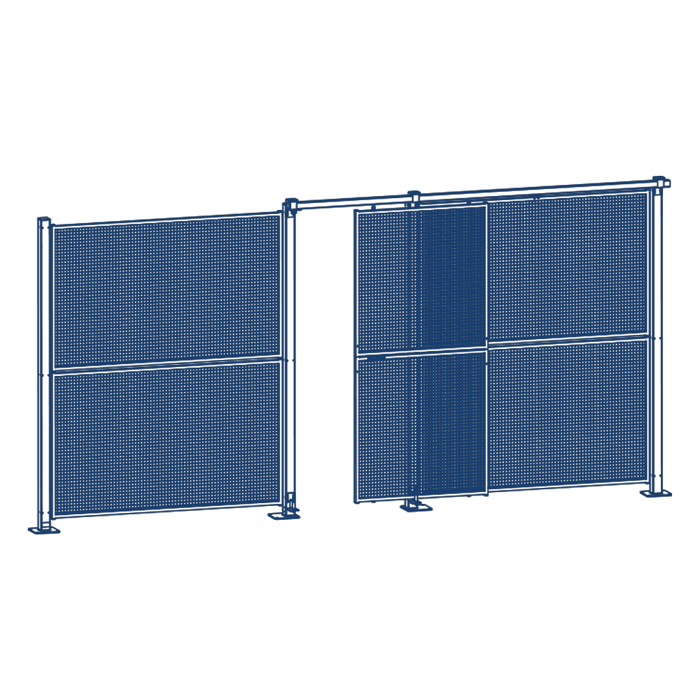 Front view of a freestanding blue double mesh gate in an open position.