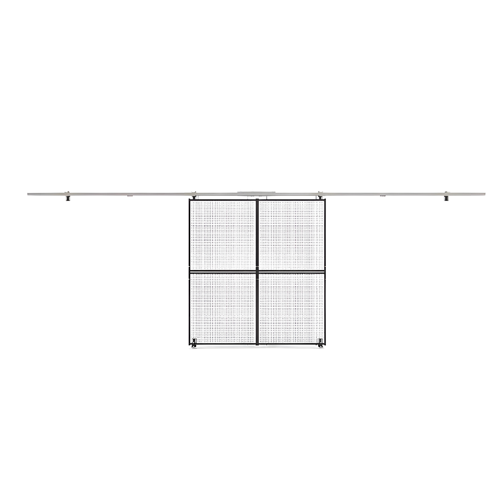 Technical drawing showing a double wire mesh gate with extended top rail.