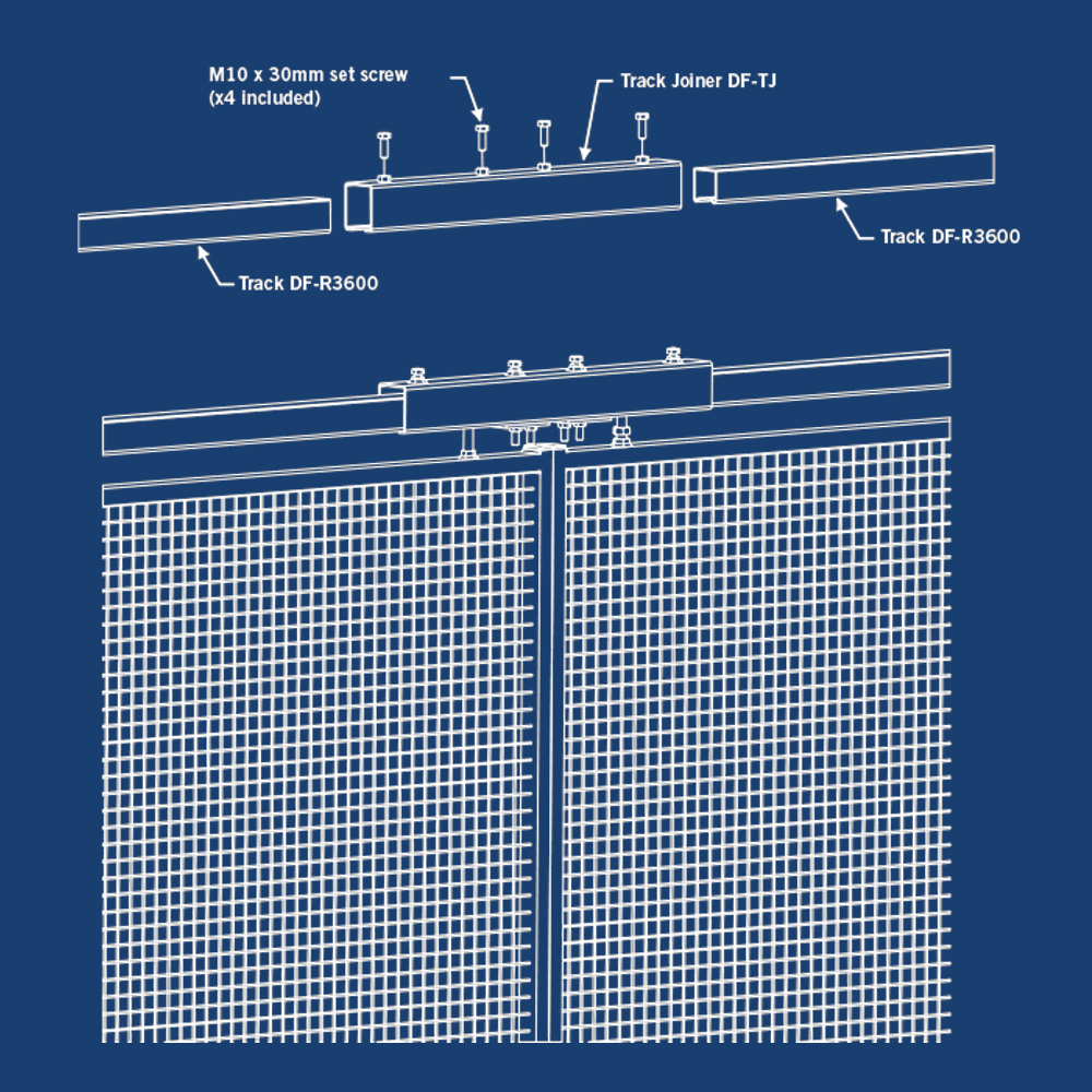 A technical blueprint-style diagram showing the track joiner and mounting screws for the sliding gate system. The schematic details how the track DF-R3600 and track joiner DF-TJ connect securely.