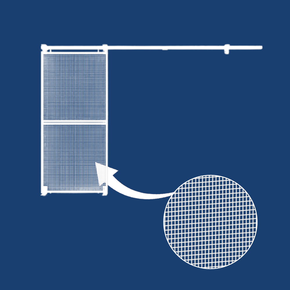 A blueprint-style diagram highlighting the mesh panel design of the single sliding security gate. A zoomed-in section illustrates the fine mesh grid for enhanced security.