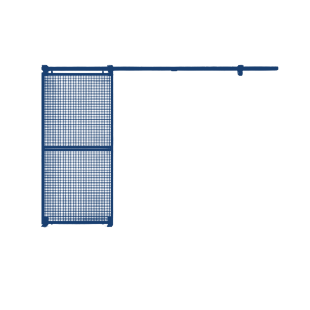 A technical illustration of a single sliding security gate, showcasing its double-height mesh panel and overhead track system. The schematic provides a side perspective of the gate’s functionality.