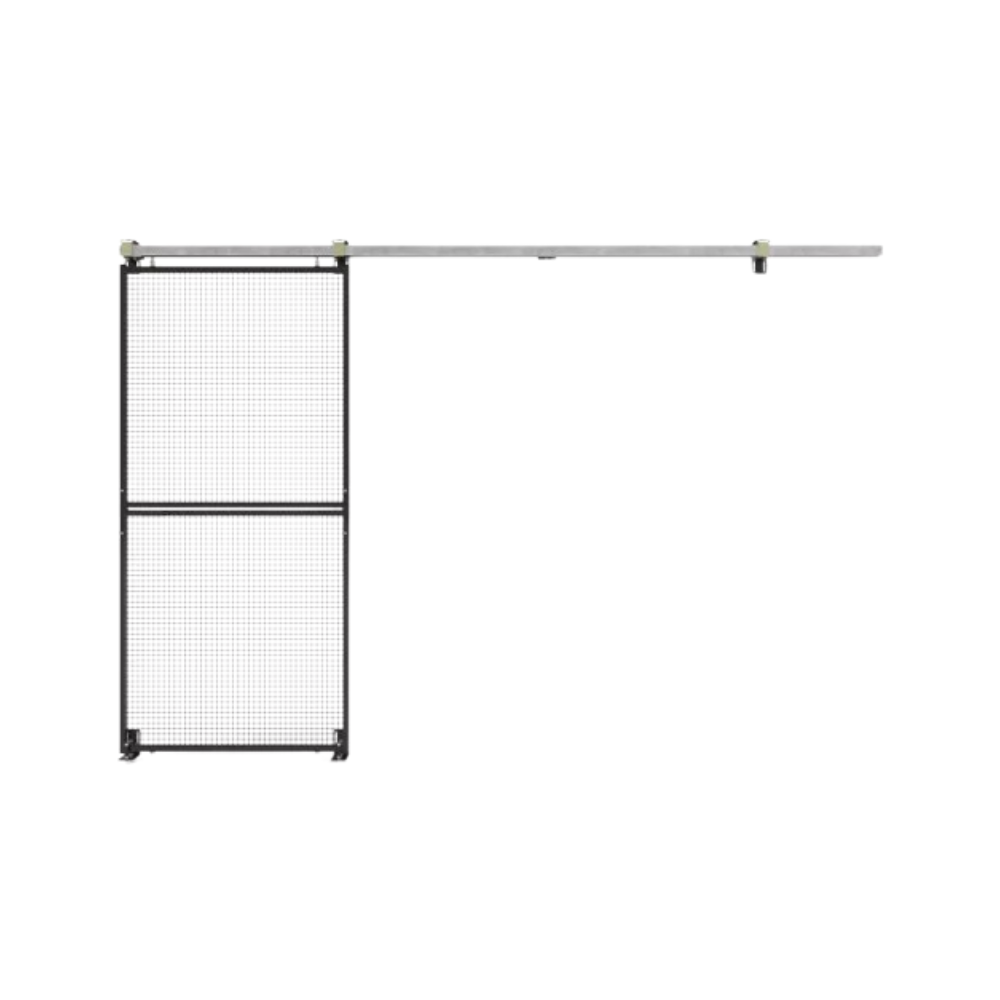 A single sliding security gate with a double-height black mesh panel, mounted on a top track system. The gate is designed for controlled access in industrial or restricted areas.