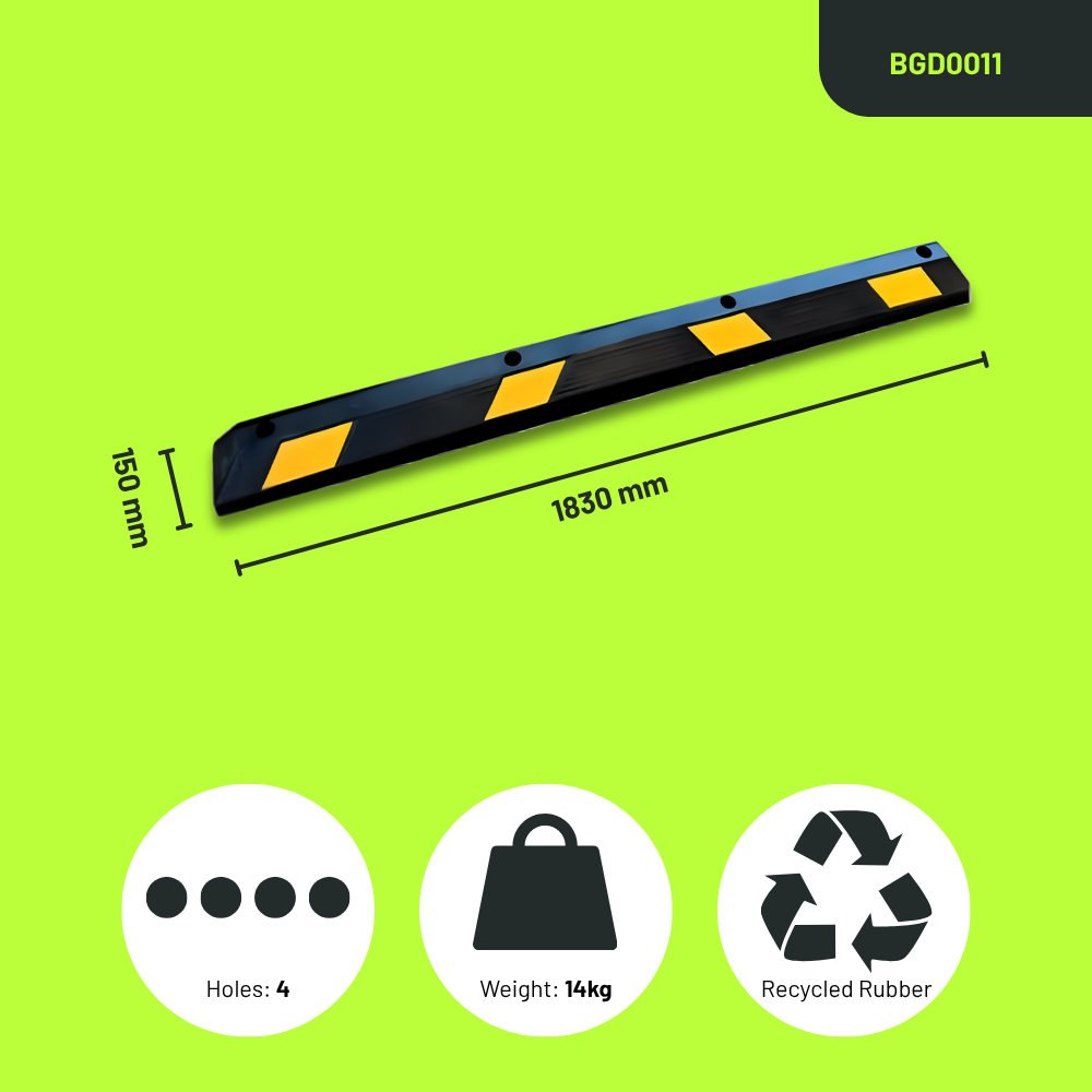 Base Guard® 1830mm Rubber Wheel Stop with dimensions and features on a green background