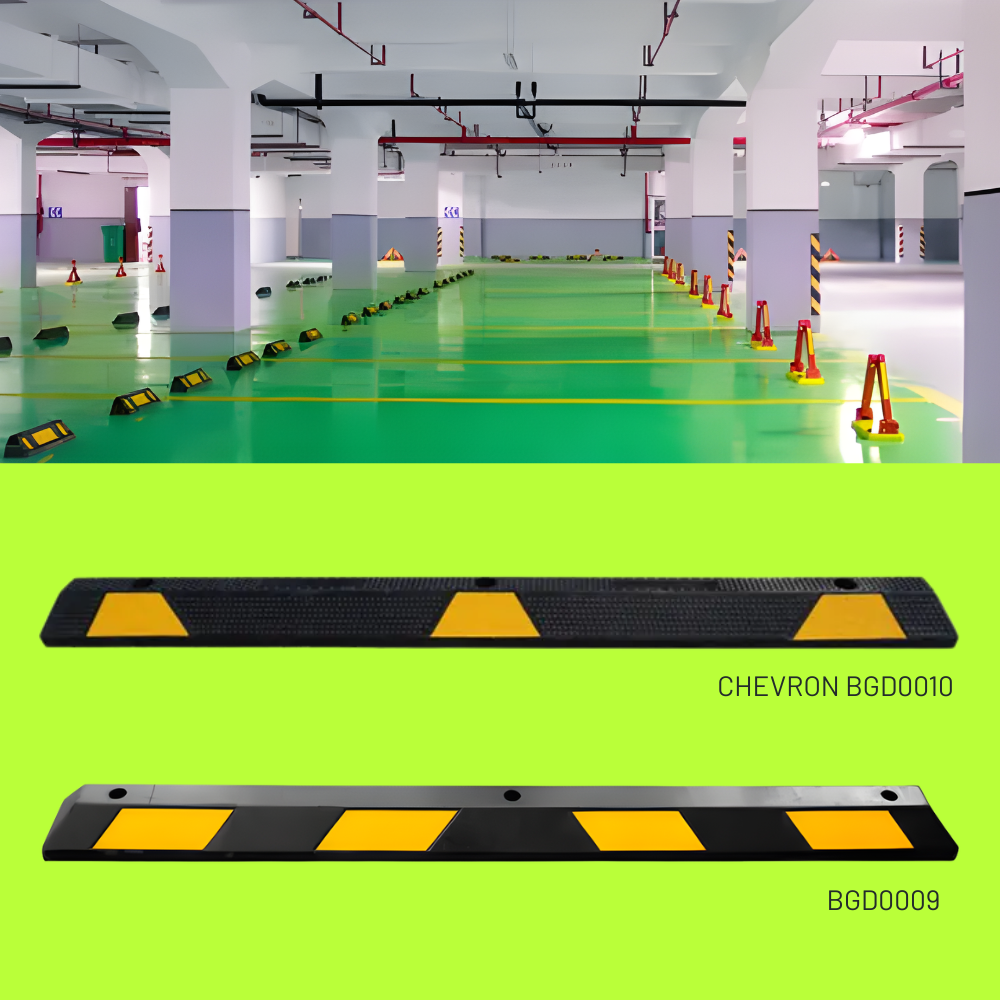 Parking garage with speed bumps and safety cones, featuring a close-up of a speed bump with 'Chevron' branding.