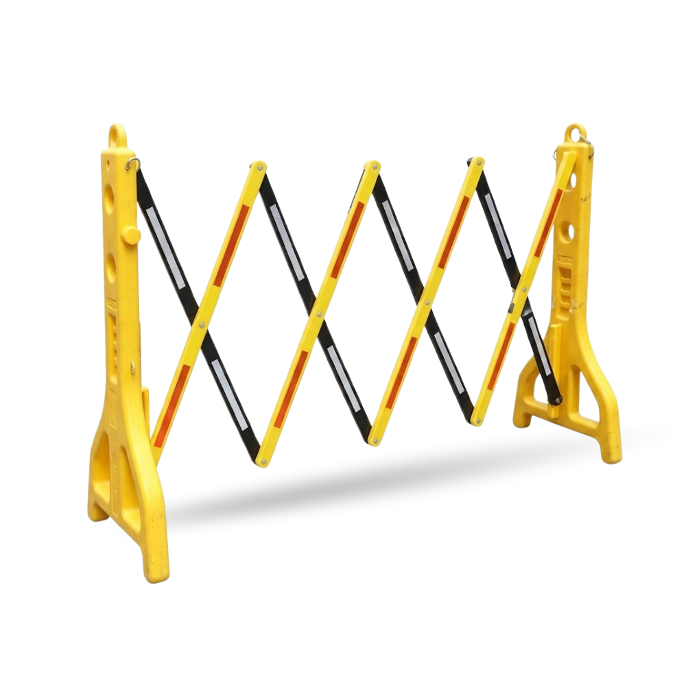 Set of yellow traffic barriers with black and red warning stripes on a white background