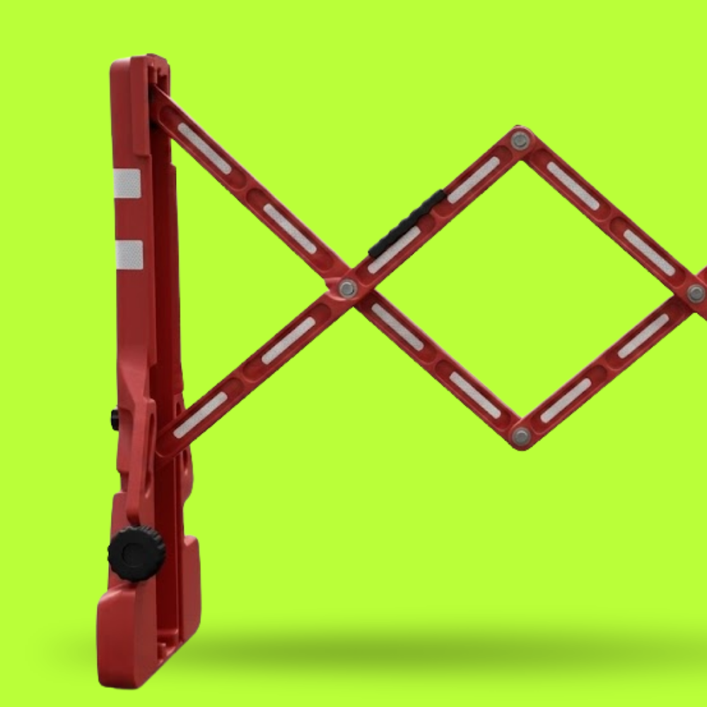 Red safety barrier on a green background