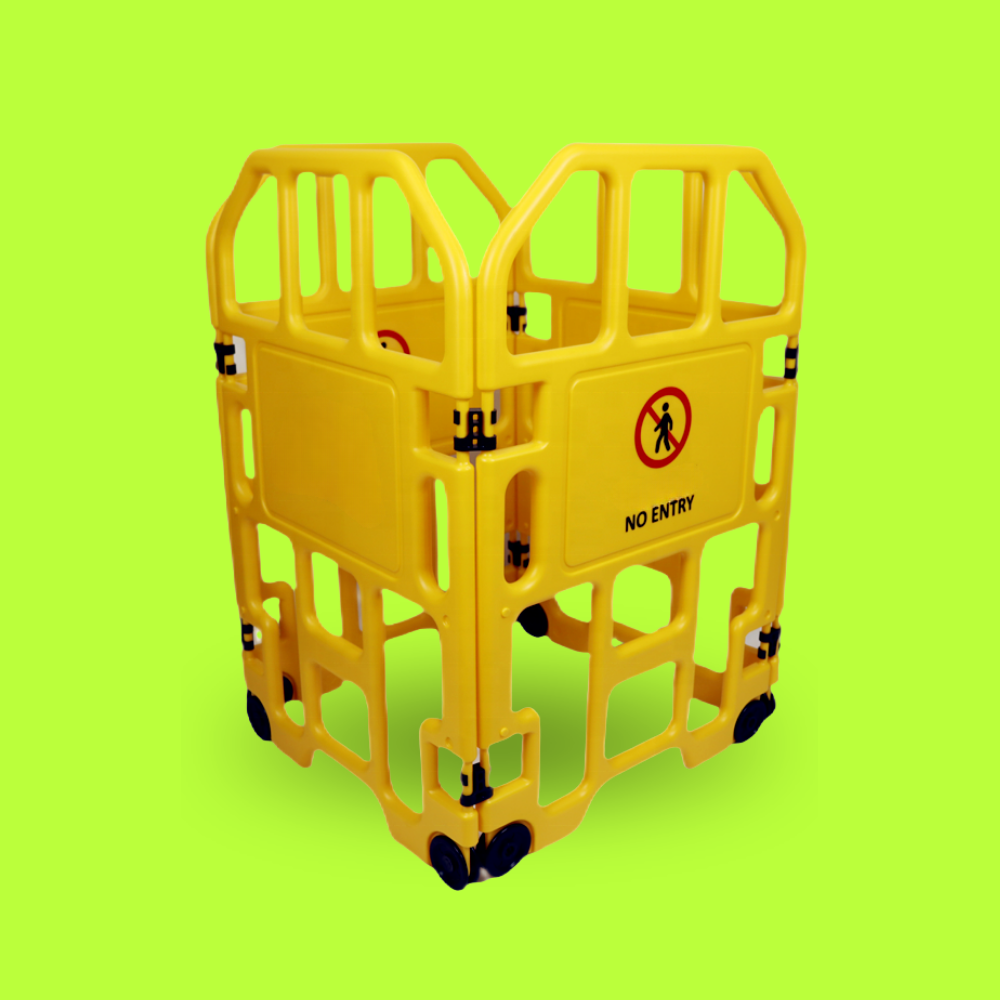 Yellow barrier with 'No Entry' sign on a green background