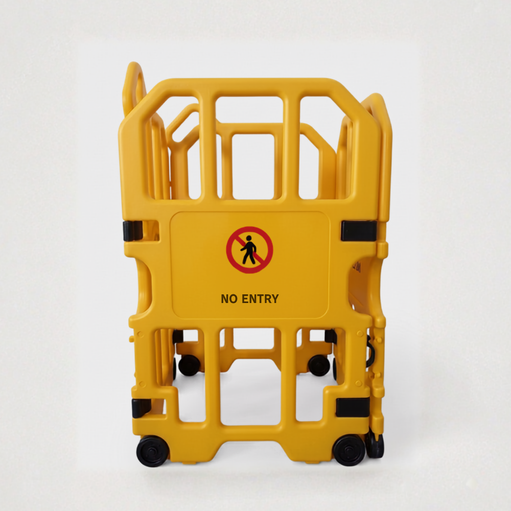 Yellow barrier with 'No Entry' sign on a white background