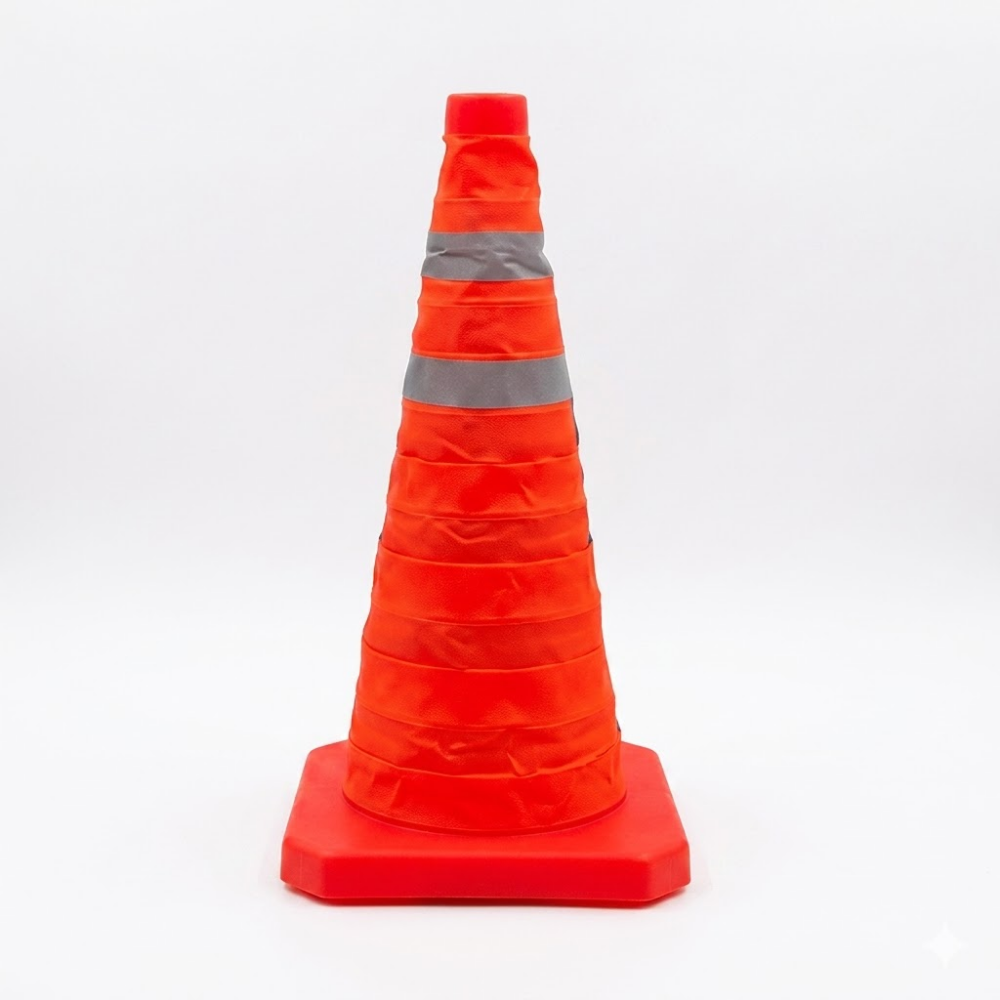 Orange traffic cone with reflective strip on a white background
