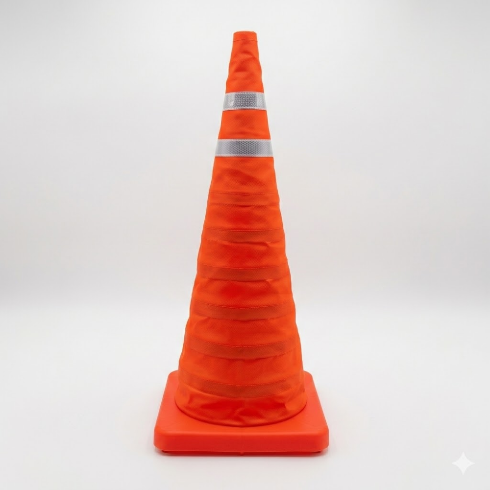 Orange traffic cone with reflective stripes on a white background