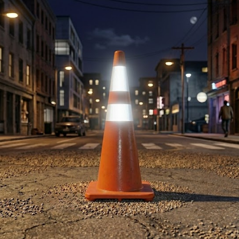 Orange traffic cone on a city street at night with buildings and streetlights in the background.