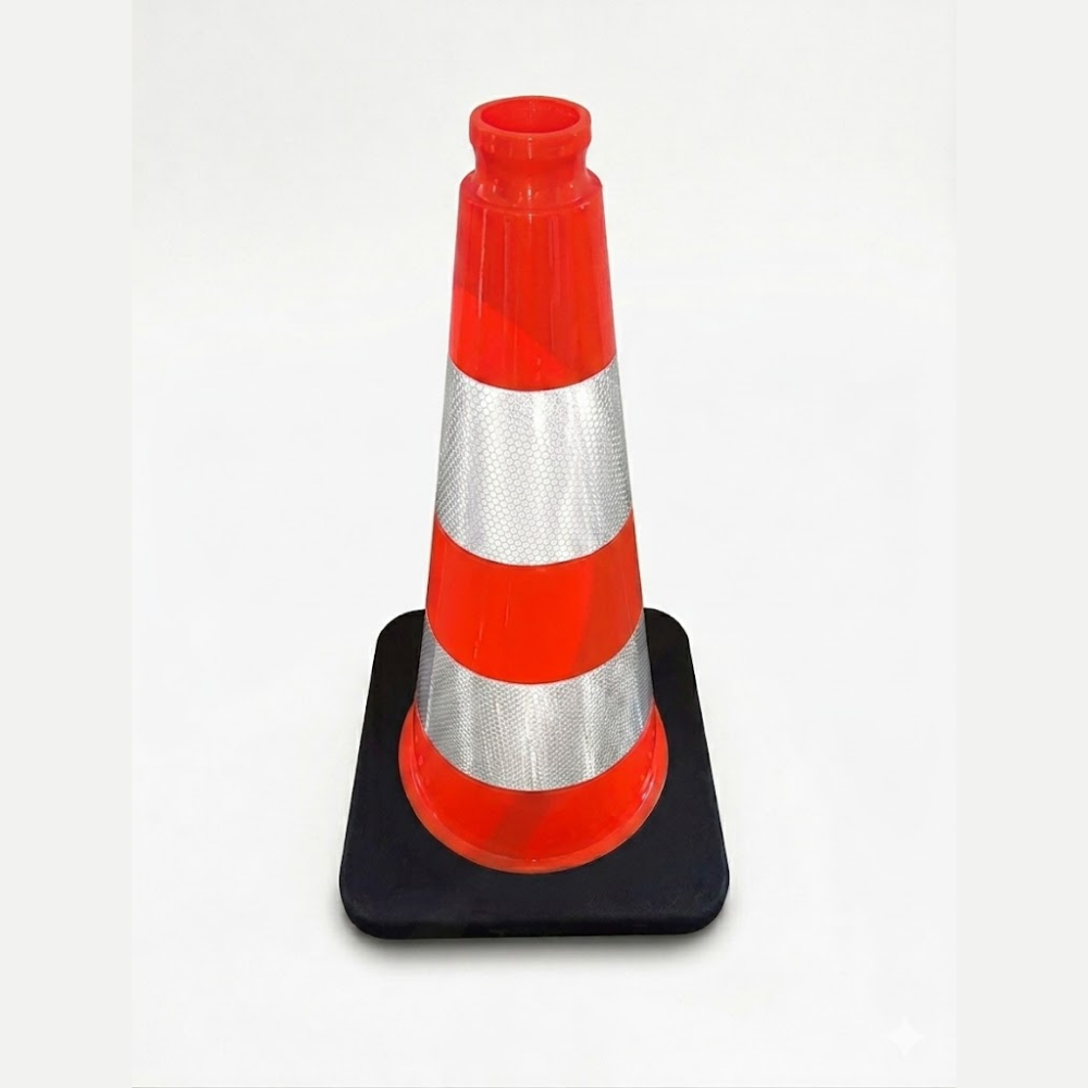 Orange traffic cone with reflective silver band on a white background