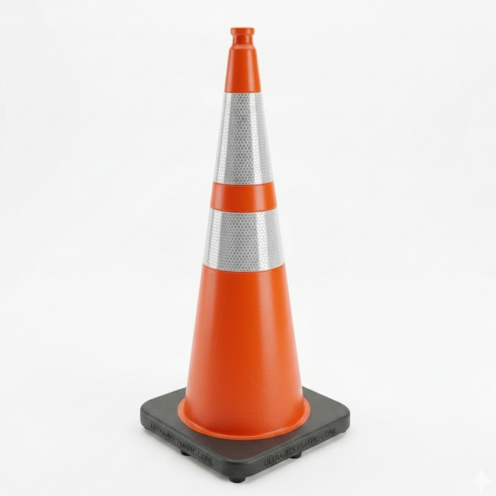Orange traffic cone with reflective silver band on a white background