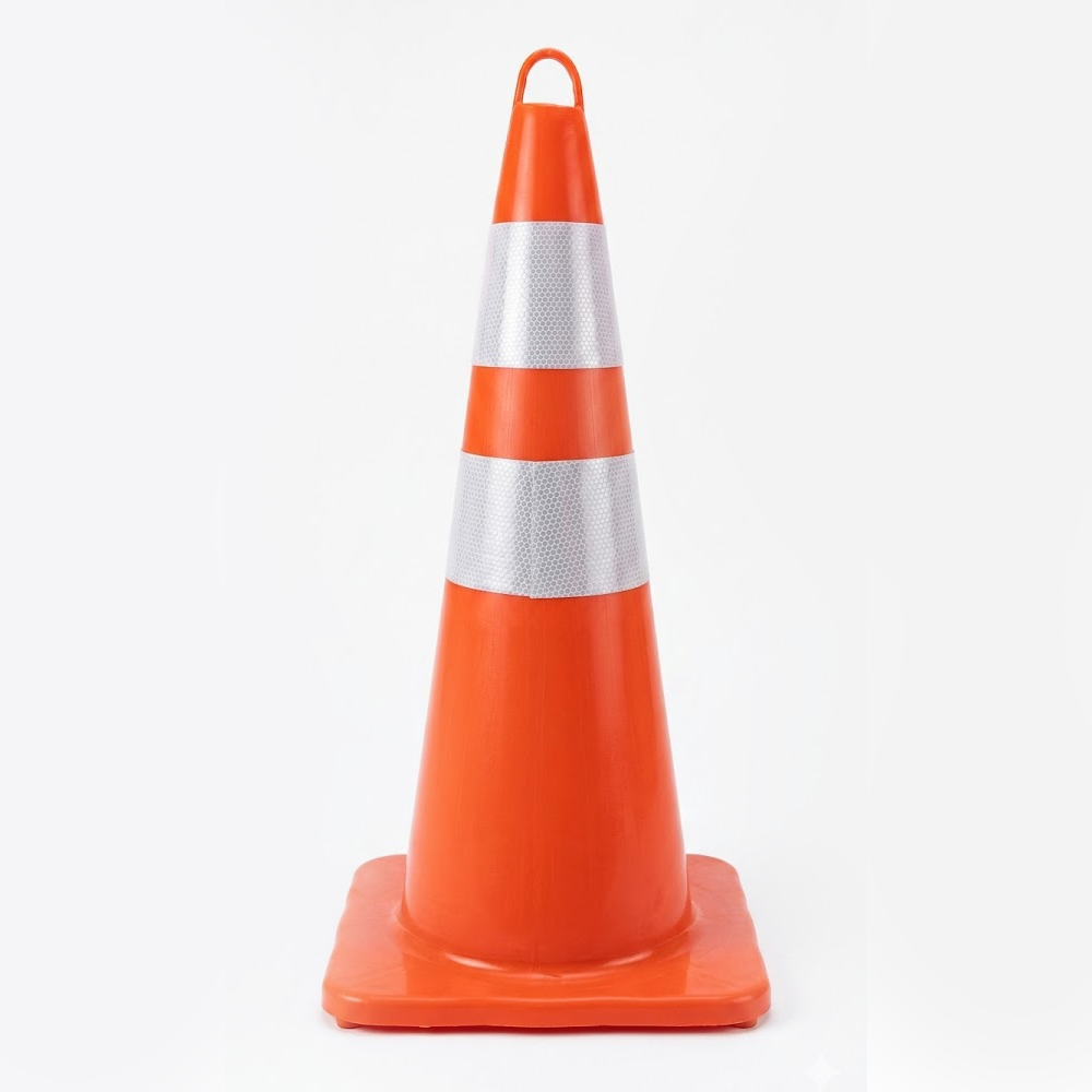 Orange traffic cone with reflective white stripes on a white background