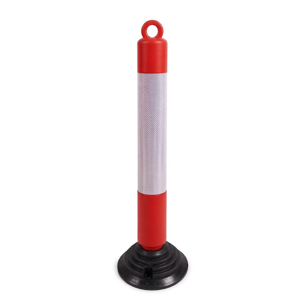 Red and white traffic safety bollard on a white background