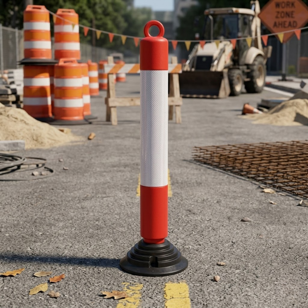 Red and white traffic bollard on a construction site with orange and white traffic cones and a bulldozer in the background.