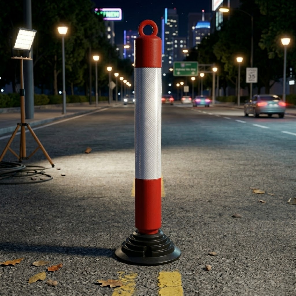 Red and white traffic bollard on a city street at night with illuminated buildings in the background.