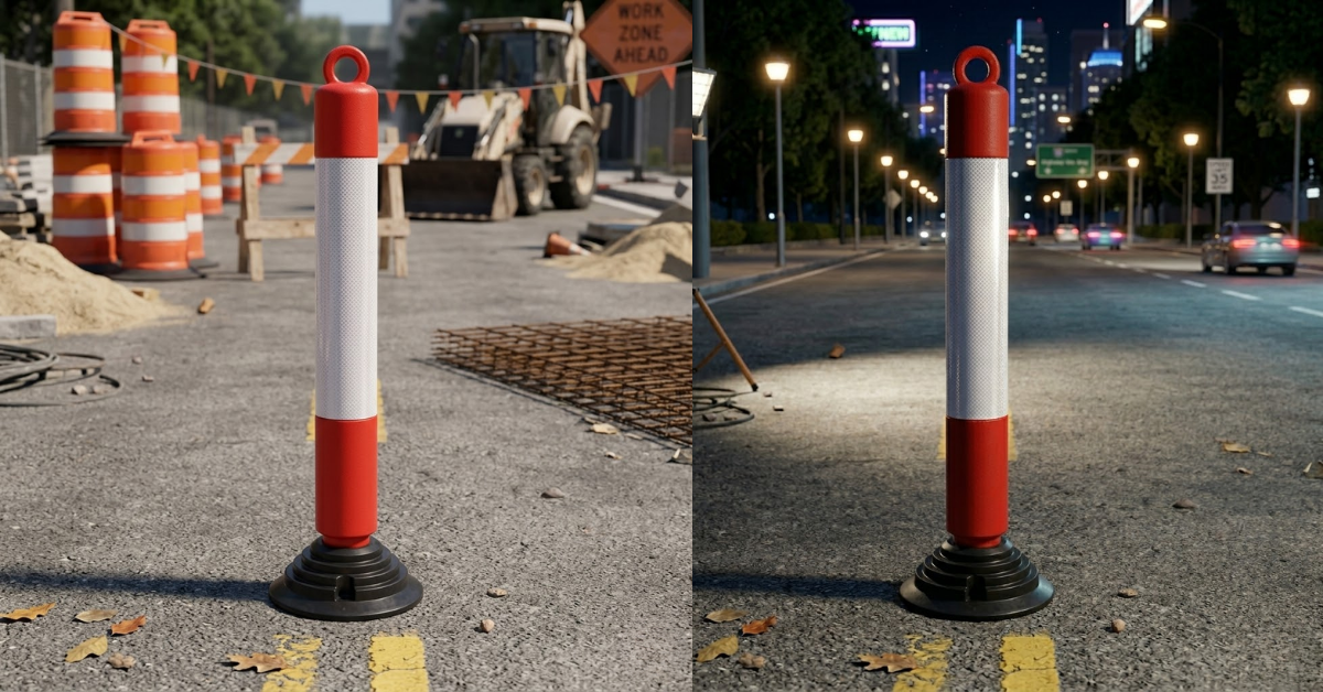 Two images of a traffic control bollard on a road with construction and urban settings.
