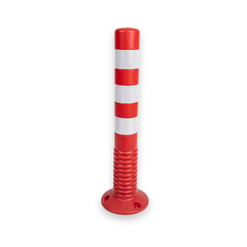 Red and white striped bollard on a white background