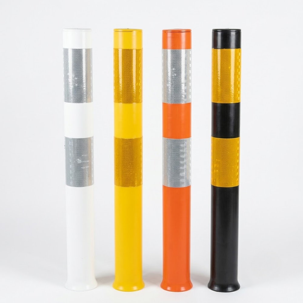 Four reflective safety bollards standing upright on a light gray background, shown in white, yellow, orange, and black color combinations with metallic reflective bands.