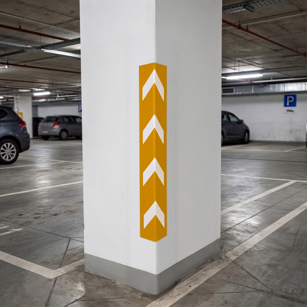 Yellow Base Guard Reflective Plastic Corner Guard on a Parking Column