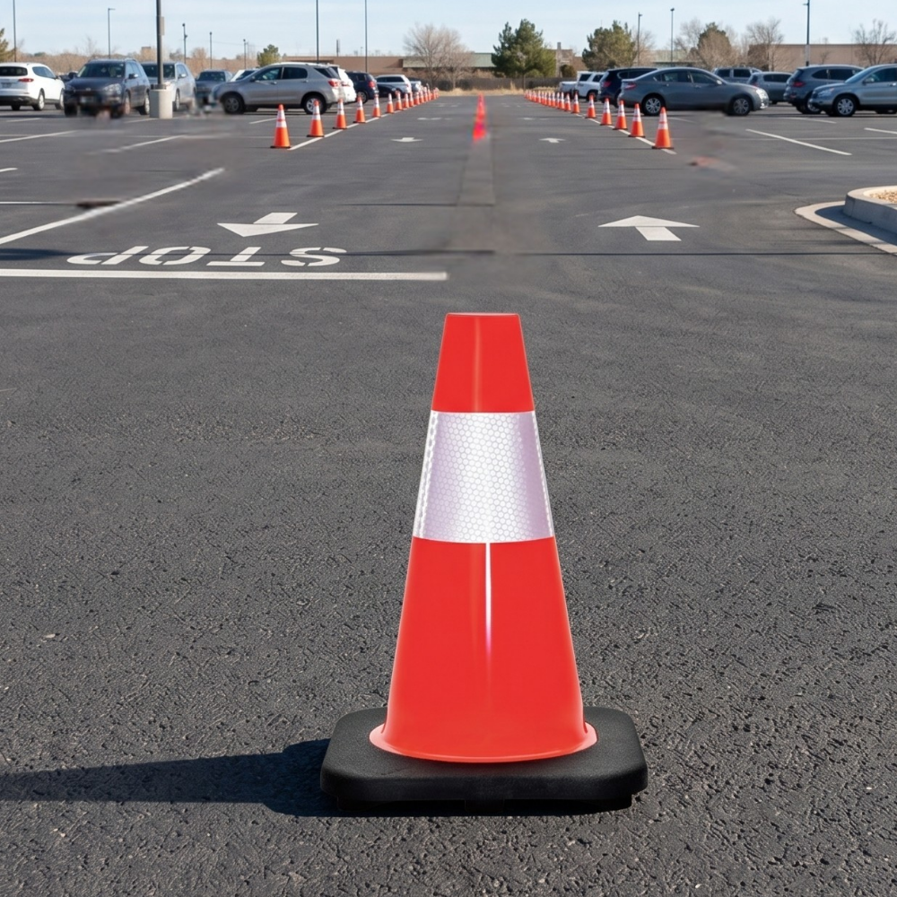 Base Guard Reflective Traffic Cone with Rubber Base position in the parking lot