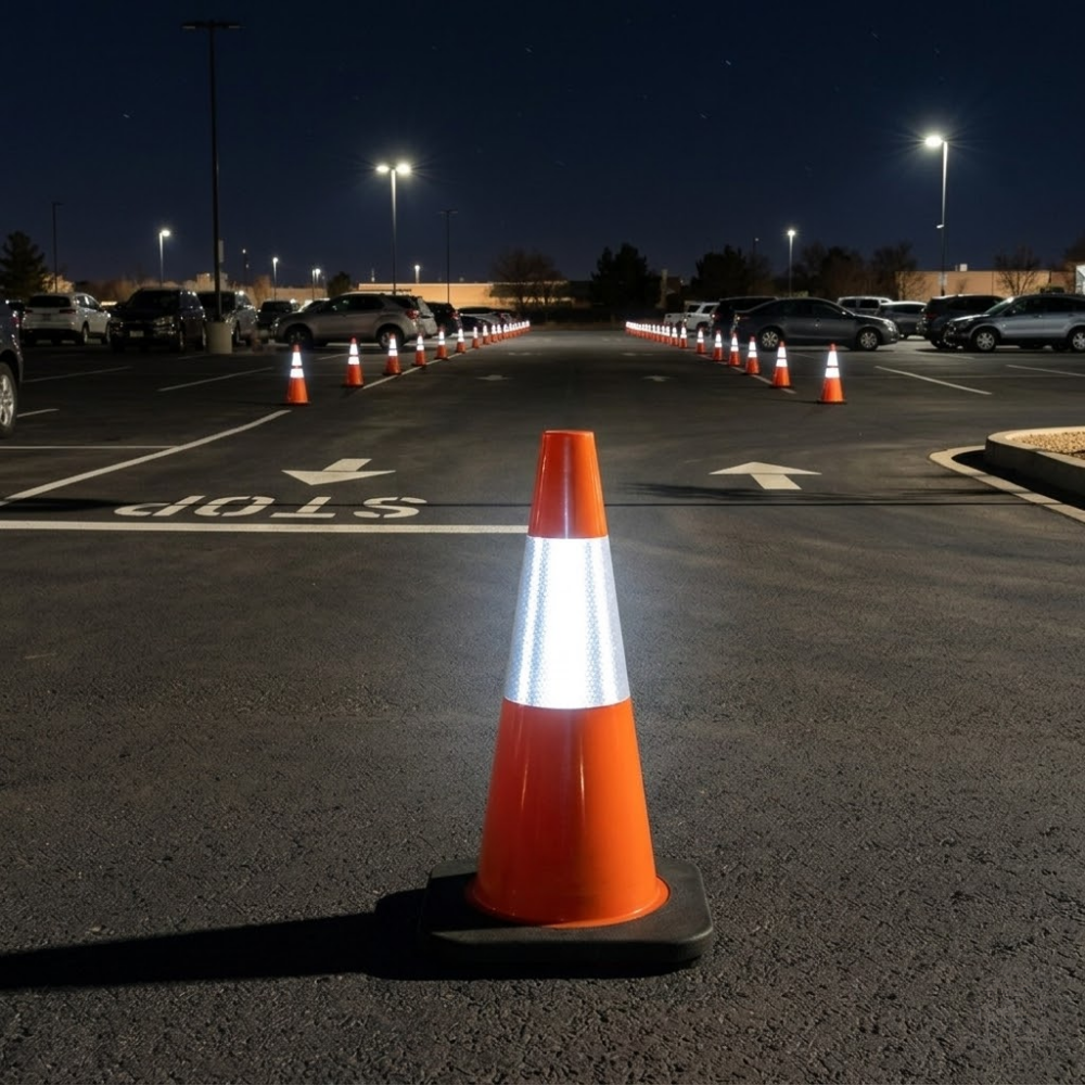 Base Guard Reflective Traffic Cone with Rubber Base showing the reflectorised section