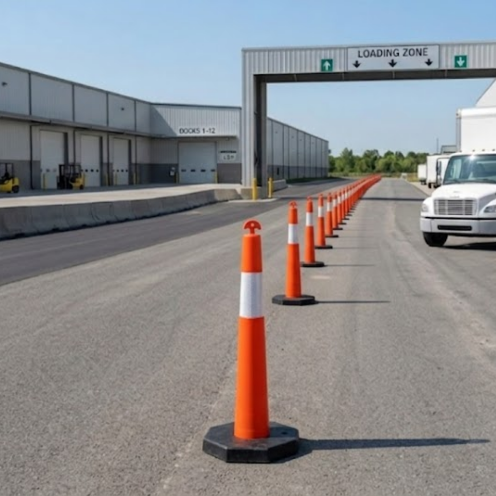 Row of orange traffic cones on a road with a loading zone sign in the background.