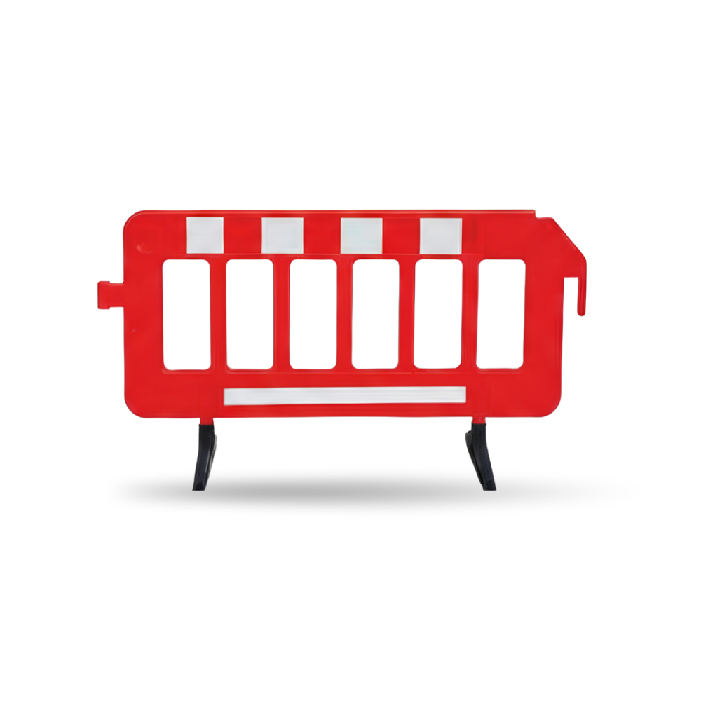 Red plastic barrier with white stripes on a white background