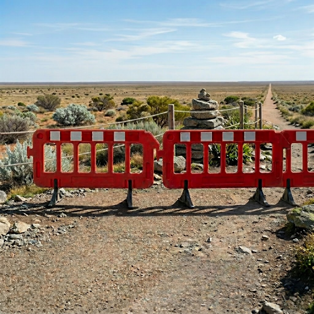 Red barrier in a desert landscape with cairn and pathway
