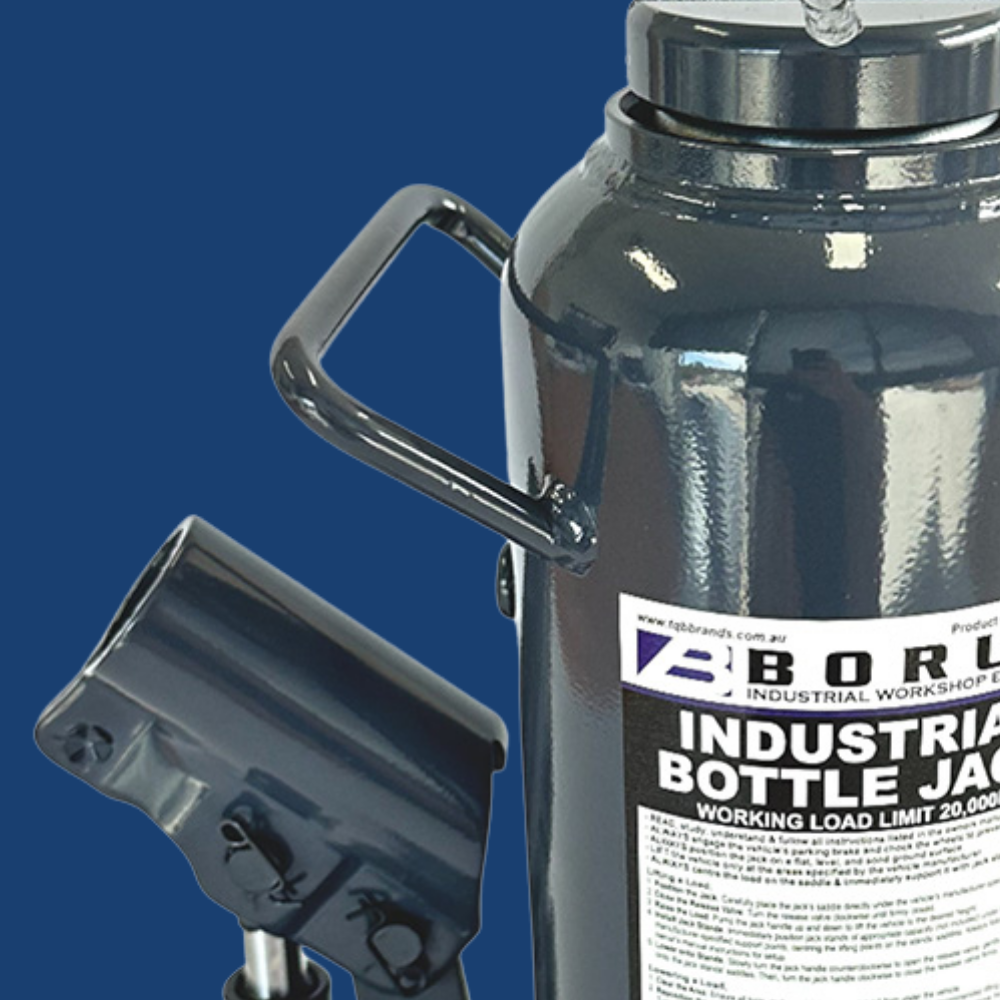 Bottle jack with handle and label on a blue background