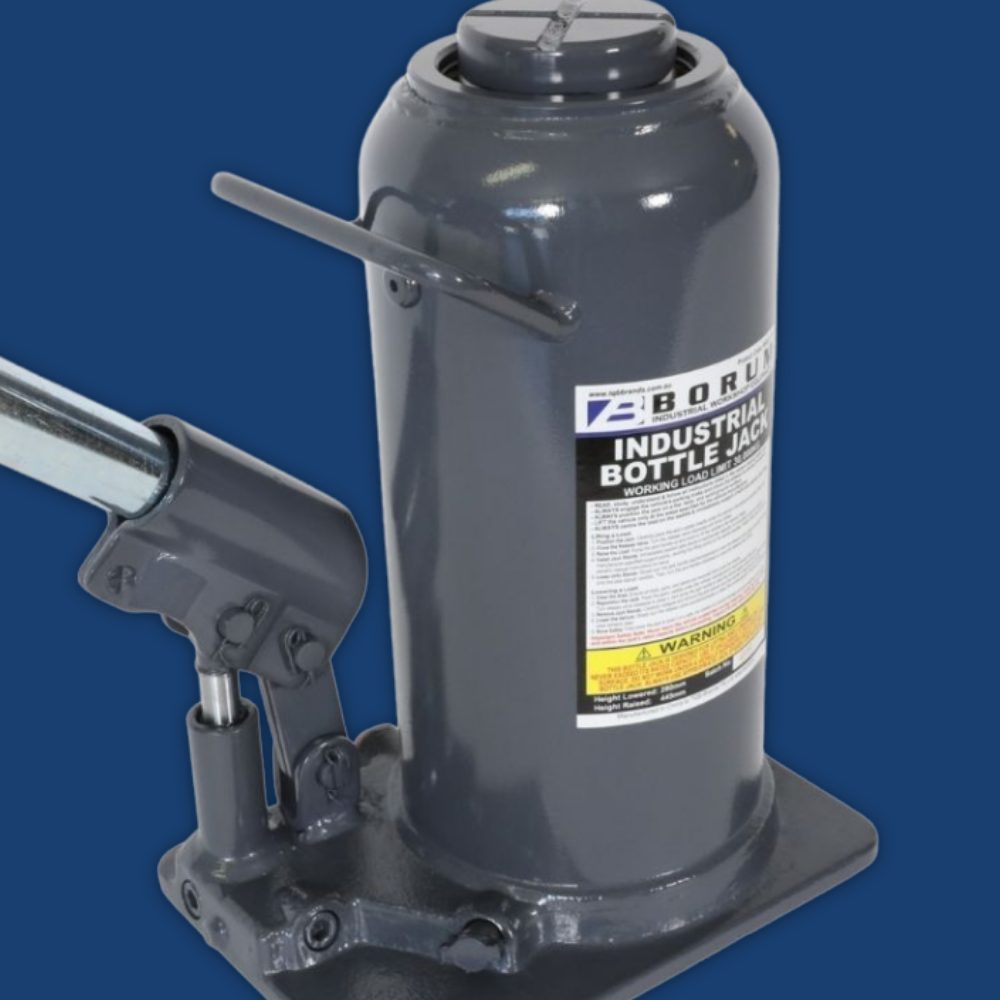 Angled view of Borum Industrial Hydraulic Bottle Jack - 30 Tonne Capacity