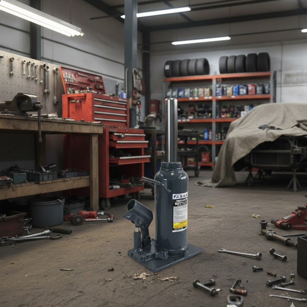 Borum Industrial Hydraulic Bottle Jack - 30 Tonne Capacity in an automotive workshop