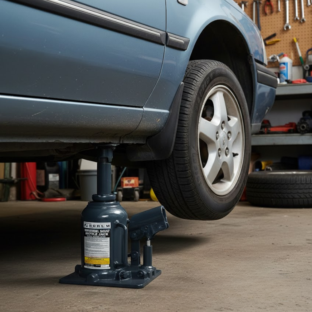 Borum Industrial Hydraulic Squat Bottle Jack - 20 Tonne Capacity being used in an automotive workshop