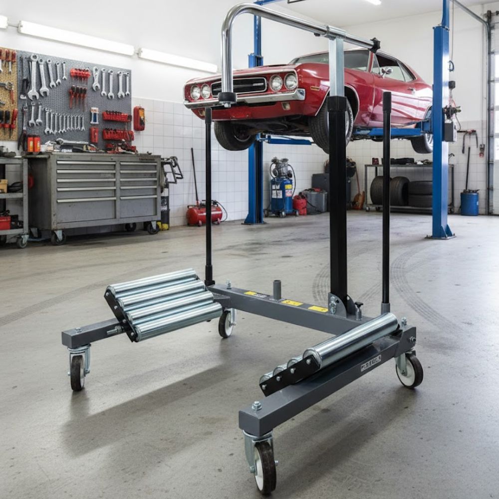 Car lift in a garage with tools and equipment in the background