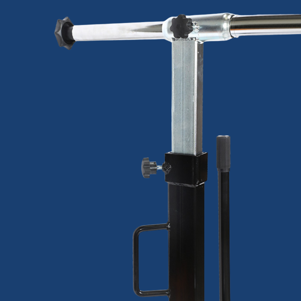 Metal stand with adjustable arms on a blue background